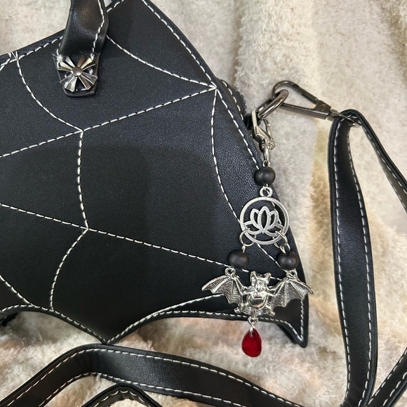 BAT WING HALLOWEEN BAG W SPIDER WEB DESIGN AND BAT BAG CHARM GOTH PUNK NWOT - Picture 2 of 8